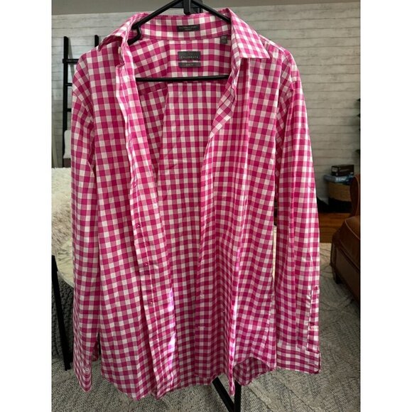 Calibrate White/Pink/plumish Plaid Trim Fit LongSleeve Button Down Shirt Sz 16.5 - Picture 1 of 5